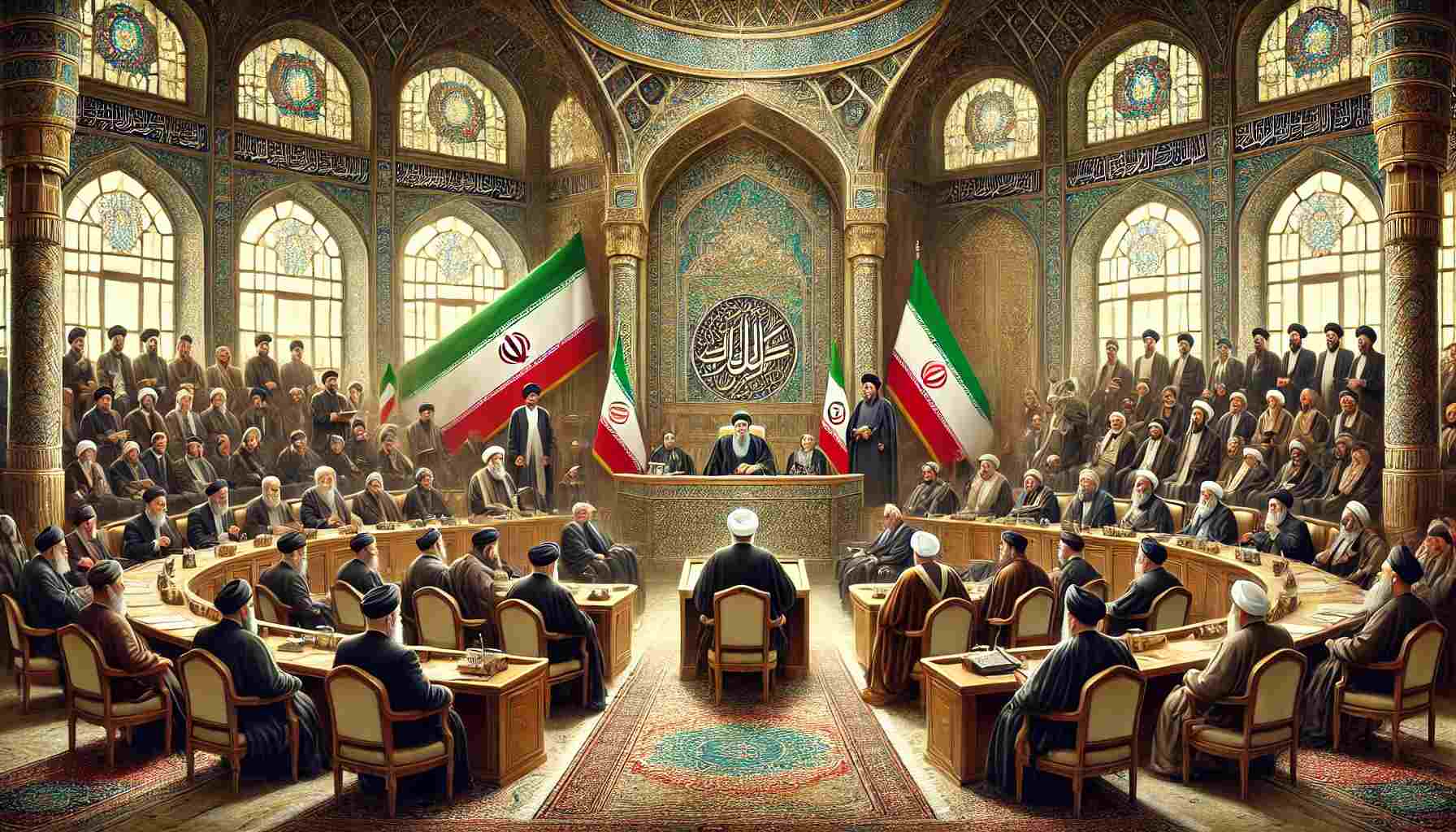 A realistic depiction of theocratic governance in Iran, showcasing clerical leaders in traditional Islamic attire seated at a high podium in a grand chamber. The background features the Iranian flag and religious symbols, with officials and representatives engaging in formal discussions. Persian-style architecture and intricate designs emphasize the cultural and religious significance of the setting, highlighting the integration of religion and political governance.