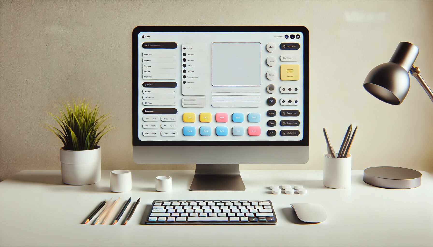 A realistic image inspired by Uizard's design platform, showcasing a computer monitor on a minimalist desk. The screen displays an AI-generated user interface design with components such as buttons, text fields, and colorful placeholders for images and text. The desk features a sleek keyboard and mouse, set against a plain, light background to emphasize the simplicity and functionality of the design tool.