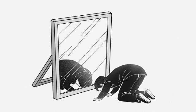 An abstract illustration symbolizing narcissism, with a figure looking into a mirror, representing self-centered behavior and a lack of empathy.