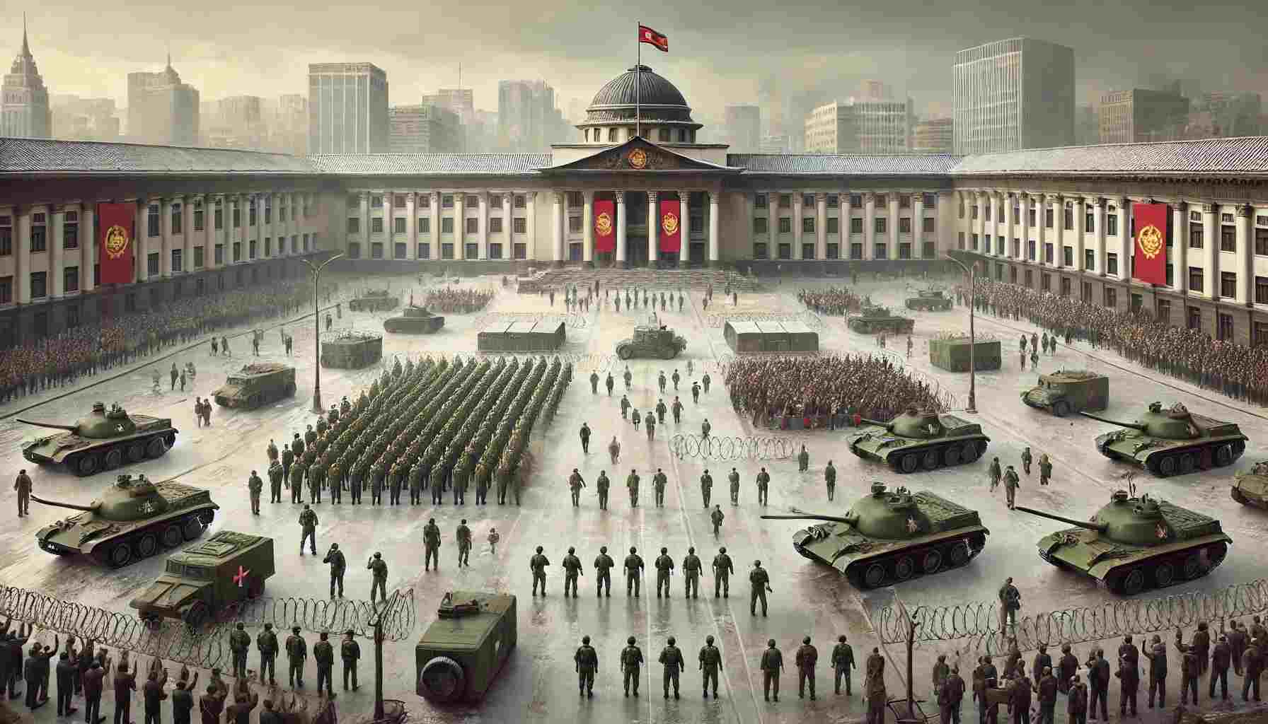 Depiction of a military regime with armed soldiers patrolling a central square, tanks positioned strategically, and barbed wire barriers. The backdrop features a grand government building adorned with banners displaying military insignia, while subdued civilians navigate the tense atmosphere under a cloudy, oppressive sky.