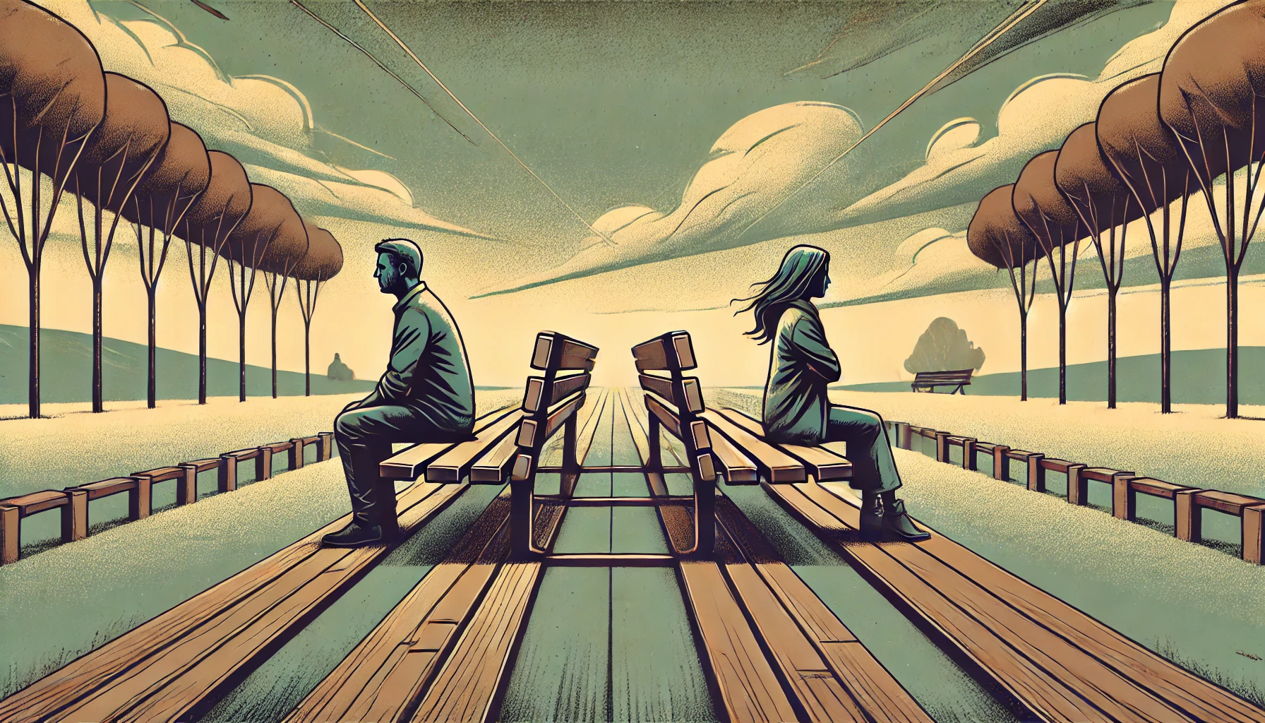 An illustration showing two individuals sitting apart in silence, emphasizing the emotional distance and psychological impact of the silent treatment.