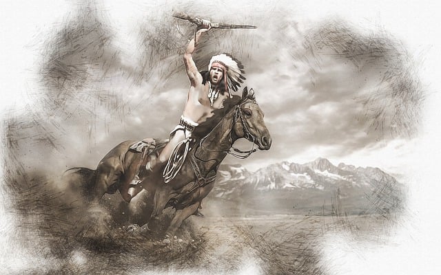 Illustration of a Native American warrior on horseback, raising a weapon with a dramatic mountainous landscape in the background, symbolizing pivotal historical moments and cultural heritage.