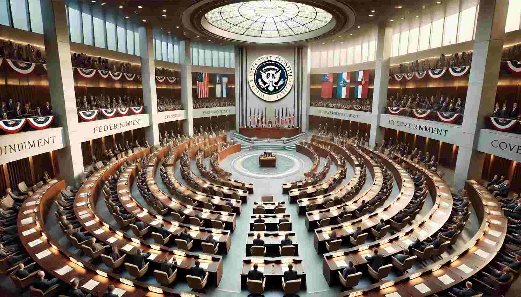 A realistic depiction of a federal government assembly in a large hall. Delegates are seated in distinct sections representing different states or regions, each marked with clear signage. A central podium stands as the focal point, surrounded by modern architecture featuring large flags and a symbolic emblem of unity, emphasizing structured governance and regional collaboration.