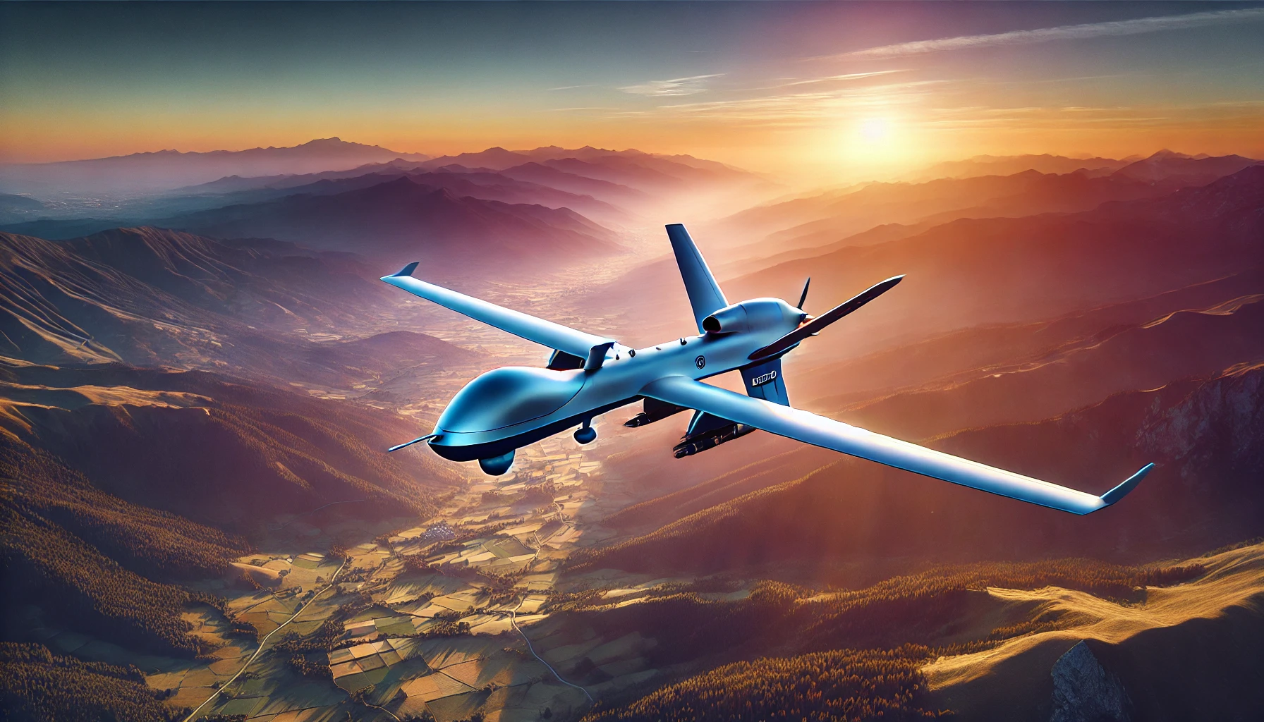 A modern gids shahpar 3 unmanned aerial vehicle (UAV) with a sleek aerodynamic design, featuring a V-tail and underwing weapon mounts, flying over a vast and picturesque mountainous landscape during sunset. The UAV is highlighted against a vibrant sky with warm hues of orange and purple, showcasing its advanced technology and military functionality. Rolling hills and lush valleys stretch across the background, creating a dramatic and cinematic scene.