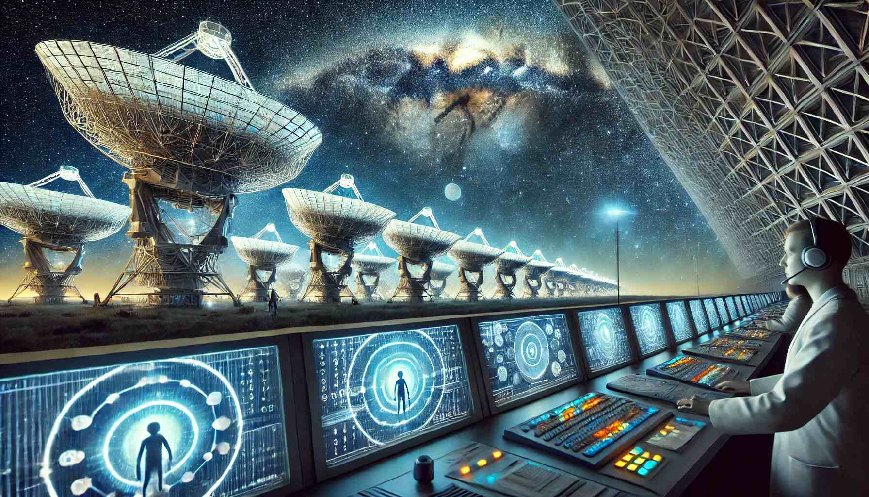 A realistic depiction of a SETI research facility featuring an array of large radio telescopes pointed at a clear, starry night sky. The foreground shows a high-tech control room with scientists monitoring multiple screens displaying signal patterns and astronomical data. The scene combines advanced technology with the vastness of space, symbolizing humanity's search for extraterrestrial intelligence.