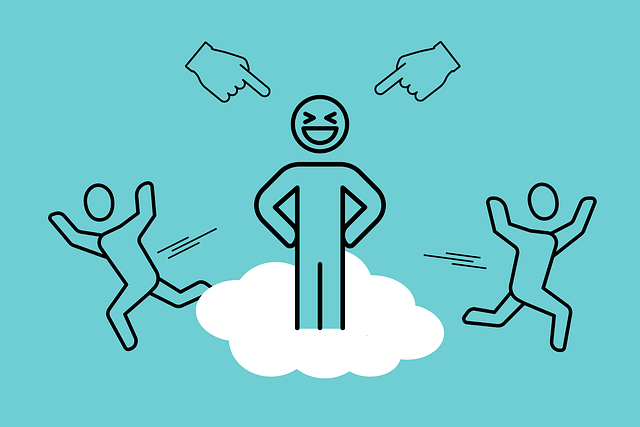 Minimalist illustration depicting a confident figure standing on a cloud, smiling boldly, with others pointing and running away, symbolizing narcissistic behavior or traits in a social context.