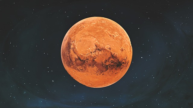 An artistic depiction of the Red Planet, Mars, showcasing its iconic reddish surface with visible craters and valleys, set against the backdrop of a starry sky.