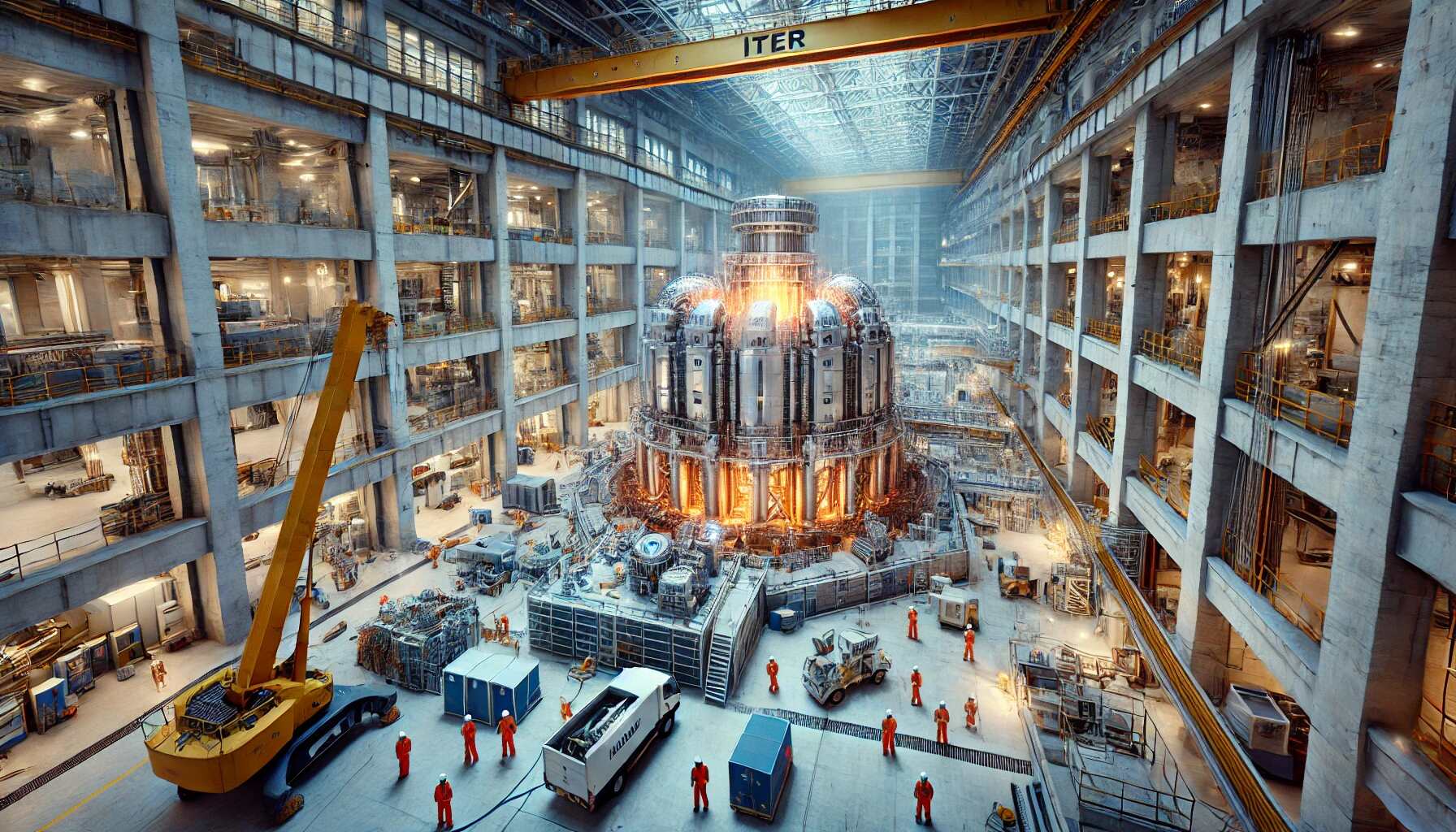 A realistic depiction of the ITER fusion reactor facility under construction. The image showcases a large industrial environment with a massive Tokamak structure at the center, surrounded by scaffolding and glowing plasma effects. Workers in protective gear are seen assembling components, while heavy machinery and advanced equipment emphasize the scale and technological sophistication of the project. The well-lit interior highlights the precision and innovation involved in this global collaboration for sustainable fusion energy.