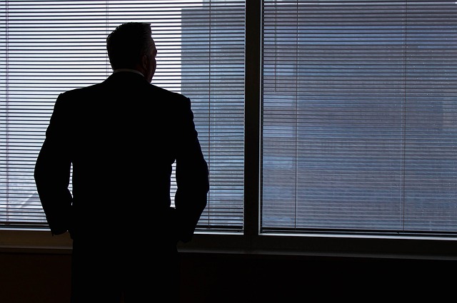 Silhouette of a businessman looking out of a window, symbolizing vision and reflection in entrepreneurship