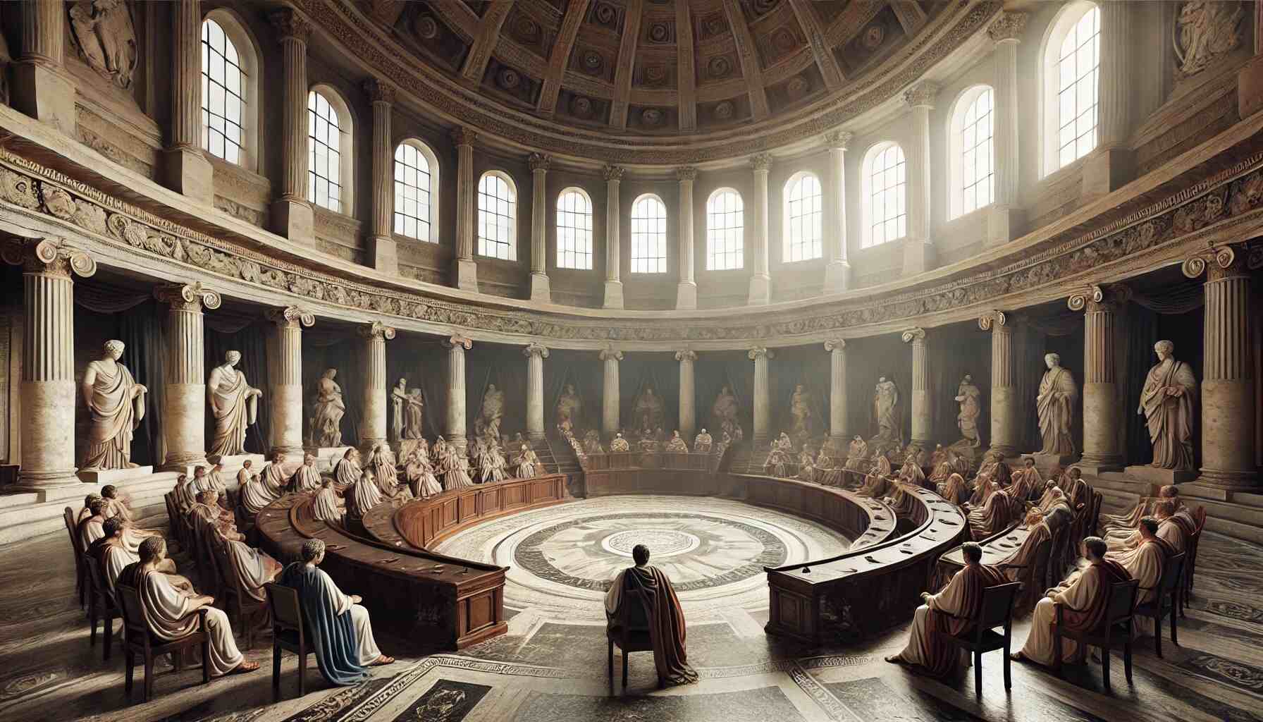 A realistic depiction of the Roman Senate in session, featuring senators in traditional Roman togas seated in a grand semi-circular hall with marble columns and statues. Natural light streams through large windows, illuminating the intricate architecture and emphasizing the historical significance of political deliberations in ancient Rome.