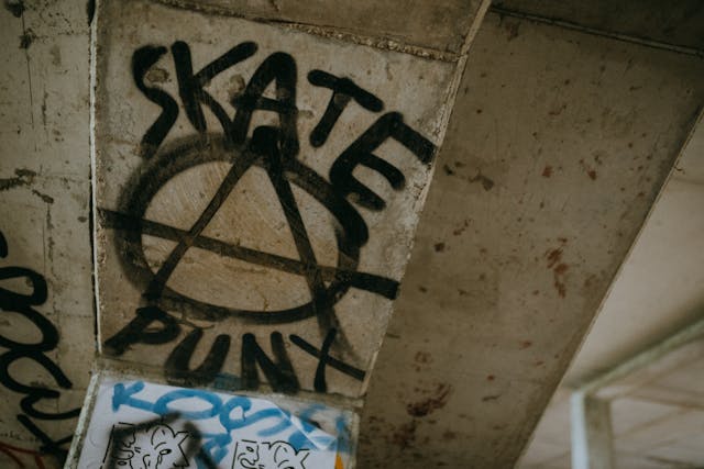 A photograph of graffiti under an urban bridge featuring the anarchist symbol "A" encircled, with the words "SKATE PUNK" spray-painted in bold black letters. The surrounding area includes additional graffiti art, creating a gritty, rebellious atmosphere in the concrete structure.