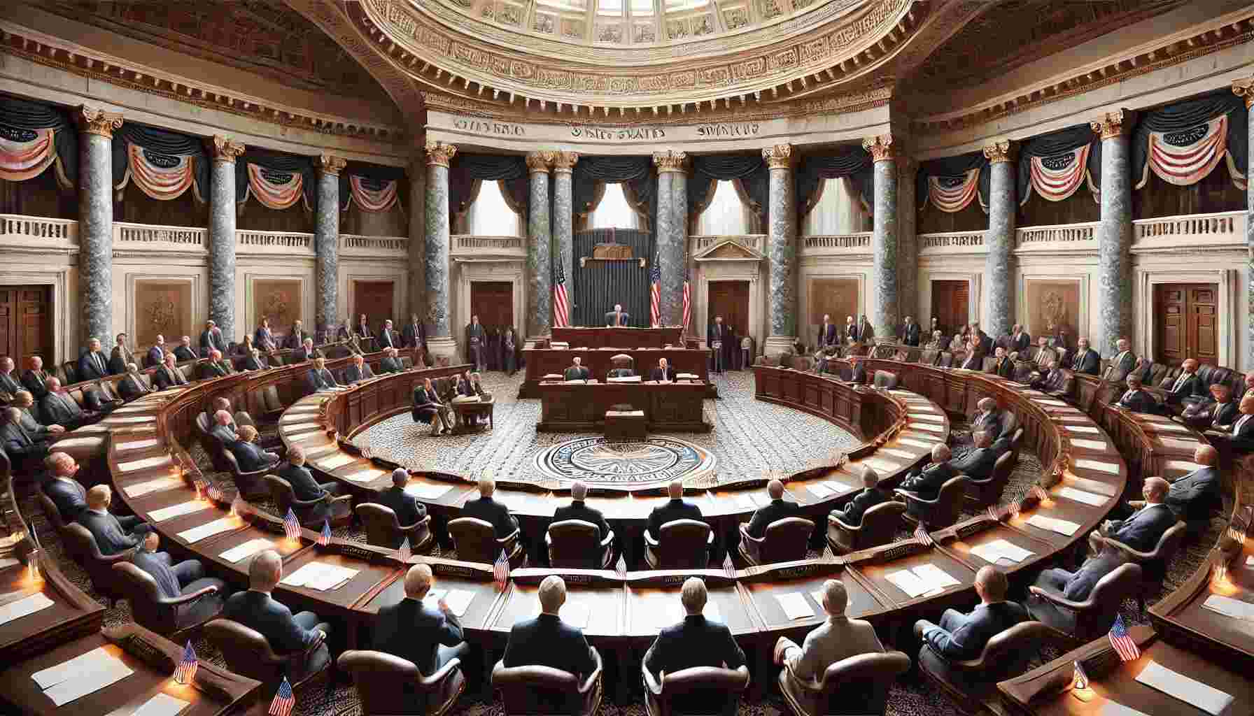 A realistic depiction of the United States Senate in session, featuring a large chamber with rows of semi-circular seating and a raised dais for the presiding officer. Senators in professional attire are engaged in discussion, with the American flag and the Senate seal prominently displayed in the background. The room showcases elegant architecture, including marble columns, wooden desks, and soft lighting, emphasizing its formal and historic ambiance.