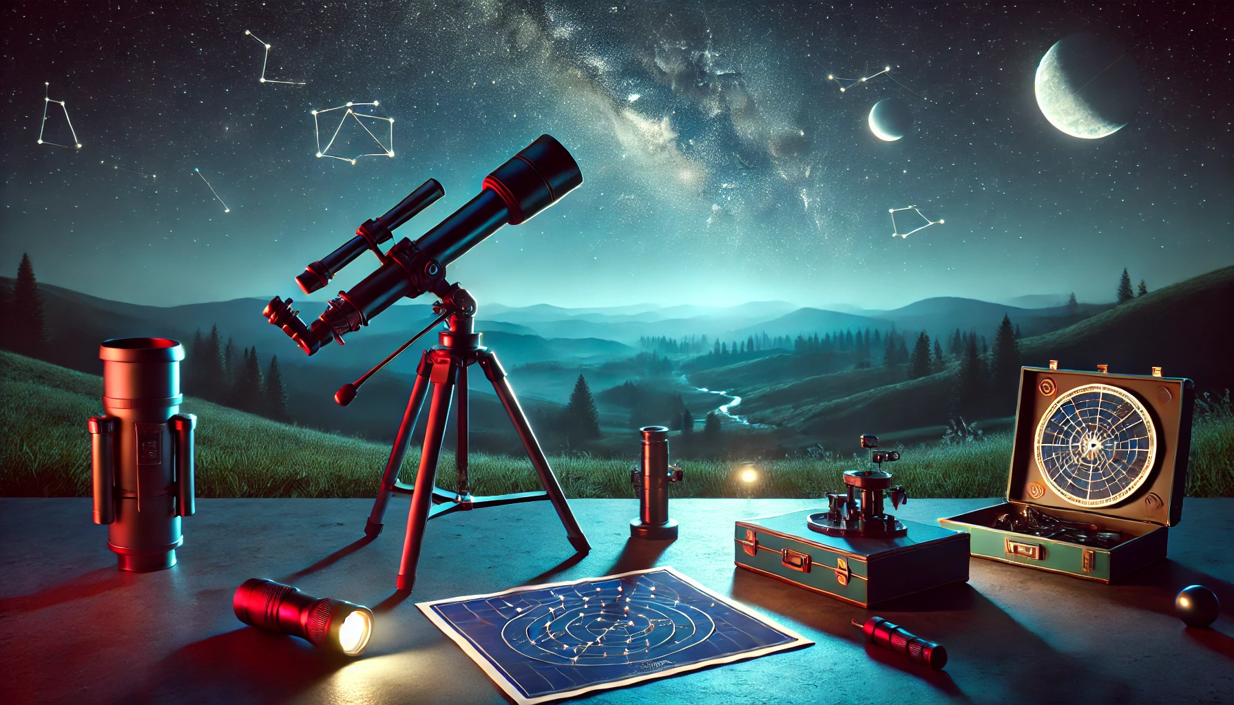 A beginner-friendly stargazing scene featuring a small telescope on a tripod, star maps, and a red flashlight under a clear night sky with visible constellations and planets, set in a calm and inviting outdoor environment.