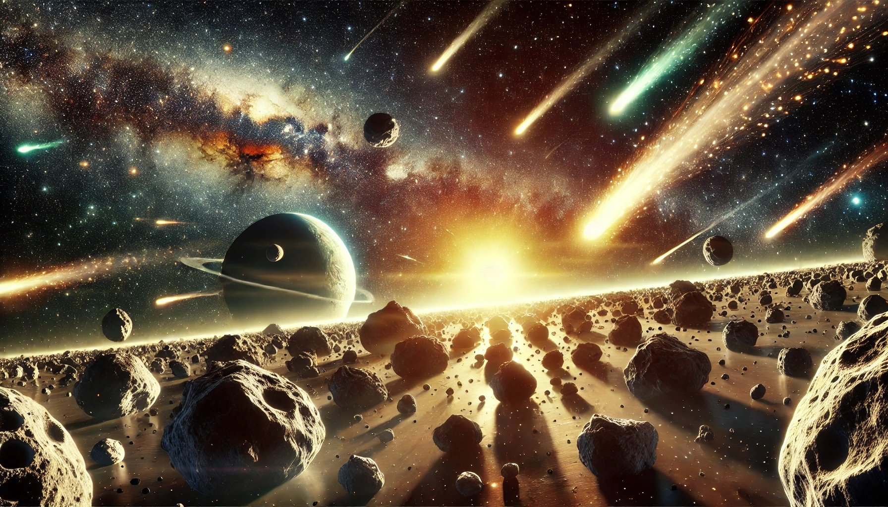 A hyper-realistic space scene featuring a textured asteroid belt, a distant icy dwarf planet with detailed surface features, and glowing comet tails streaking across a starry backdrop, illuminated by the golden glow of the Sun.