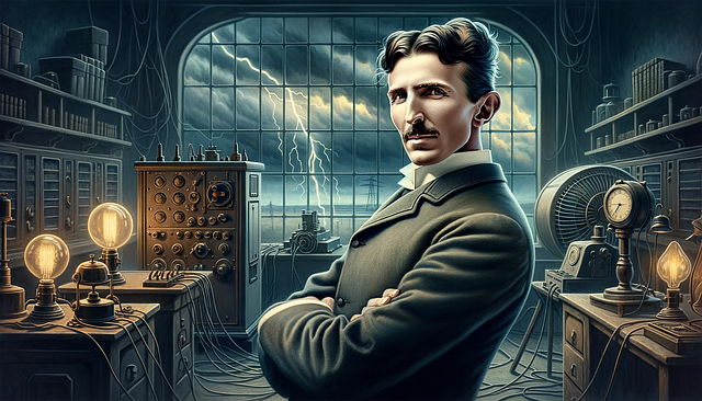 Illustration of Nikola Tesla in a vintage laboratory with electrical equipment and lightning in the background, symbolizing his groundbreaking work in electricity and innovation