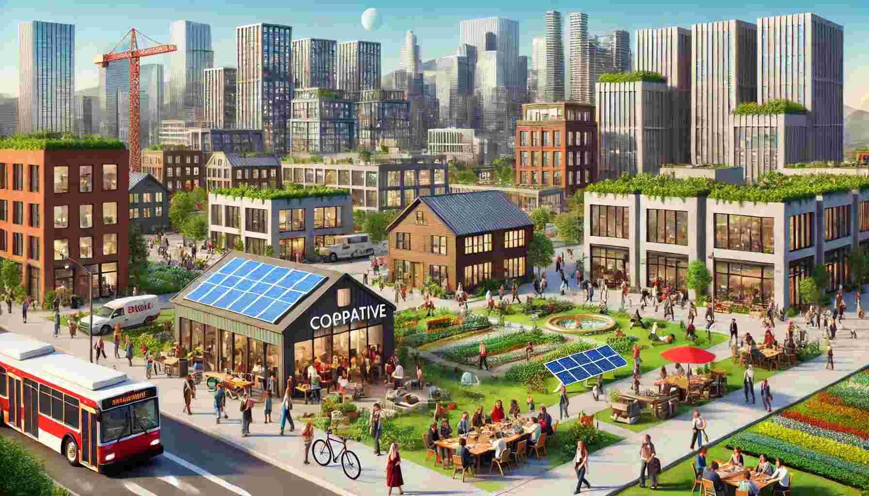 A realistic depiction of a socialist community in a modern urban environment. People collaborate in a cooperative workspace, surrounded by buildings representing public health, education, and sustainable housing. Public transportation and shared green spaces emphasize collective ownership and social welfare, showcasing socialism's principles in practice.