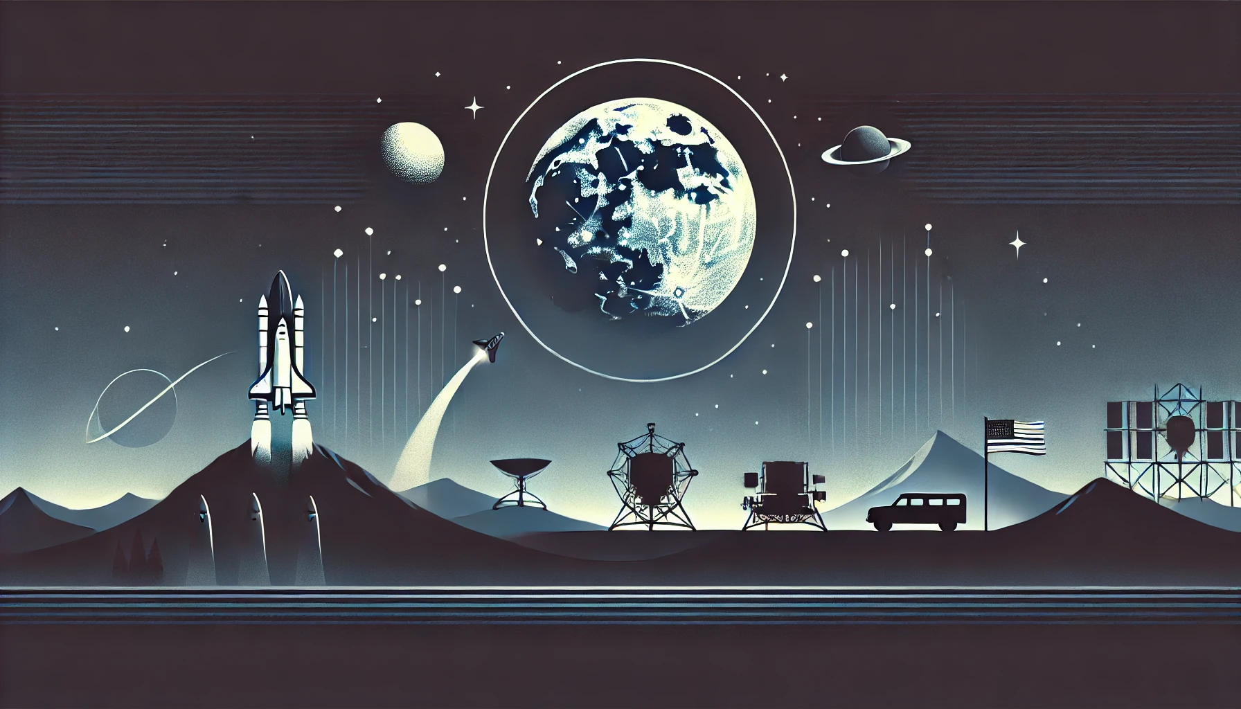 A minimalist landscape cover image depicting milestones in space exploration, featuring Sputnik, a rocket launch, the Apollo lunar lander, and a SpaceX rocket against a gradient space background.