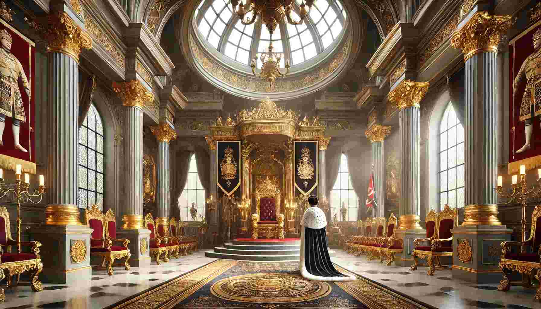 A realistic depiction of a modern monarchy, showcasing a grand throne room with an ornate throne, royal banners, and intricate architectural details. The room is illuminated by soft light from large windows, featuring gold accents, chandeliers, and a richly decorated floor. A monarch in ceremonial attire stands near the throne, embodying the elegance and power of a regal tradition.