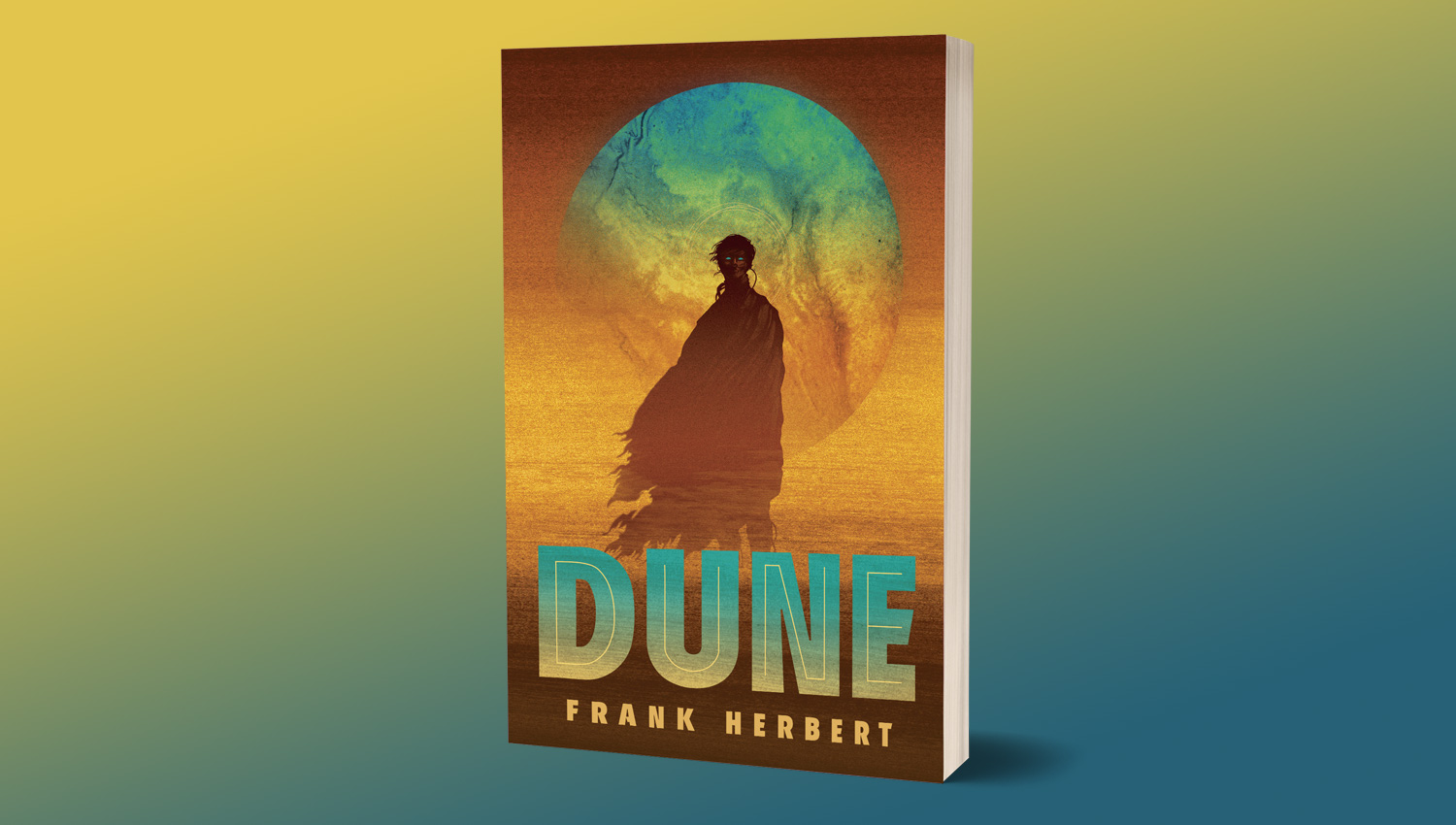 Illustration of a vast desert landscape with sand dunes under a starry sky, symbolizing the mystical and harsh world of Arrakis in Frank Herbert’s Dune.