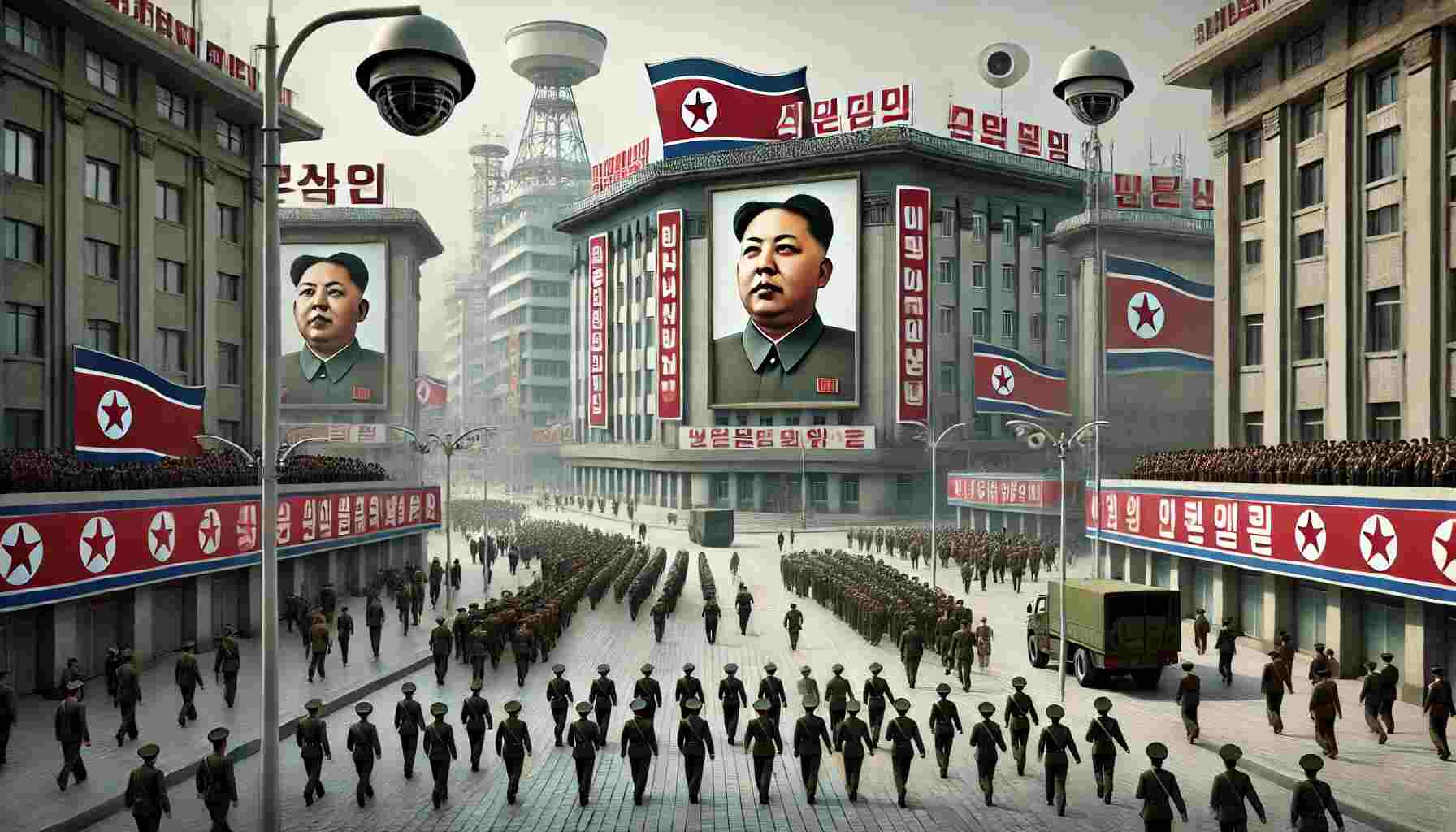 A realistic depiction of totalitarianism in North Korea, featuring large propaganda posters of the Kim dynasty, uniformed military personnel patrolling the streets, citizens walking in organized formations, and surveillance cameras mounted on poles. The scene conveys a tense atmosphere with muted colors, strict architectural order, and loudspeakers broadcasting state-approved messages.