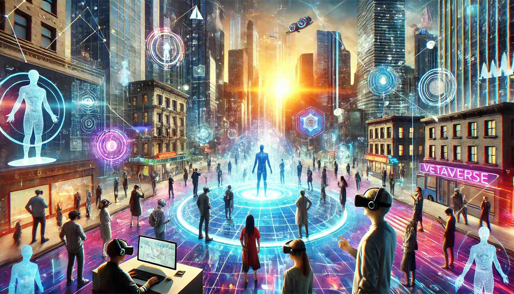 A realistic depiction of the Metaverse concept featuring a vibrant digital cityscape with neon-lit skyscrapers and floating holograms. Diverse people, represented as avatars, interact in the virtual environment, some wearing VR headsets and engaging with holographic interfaces. The scene blends futuristic technology with dynamic colors, showcasing the immersive and interactive nature of the Metaverse.