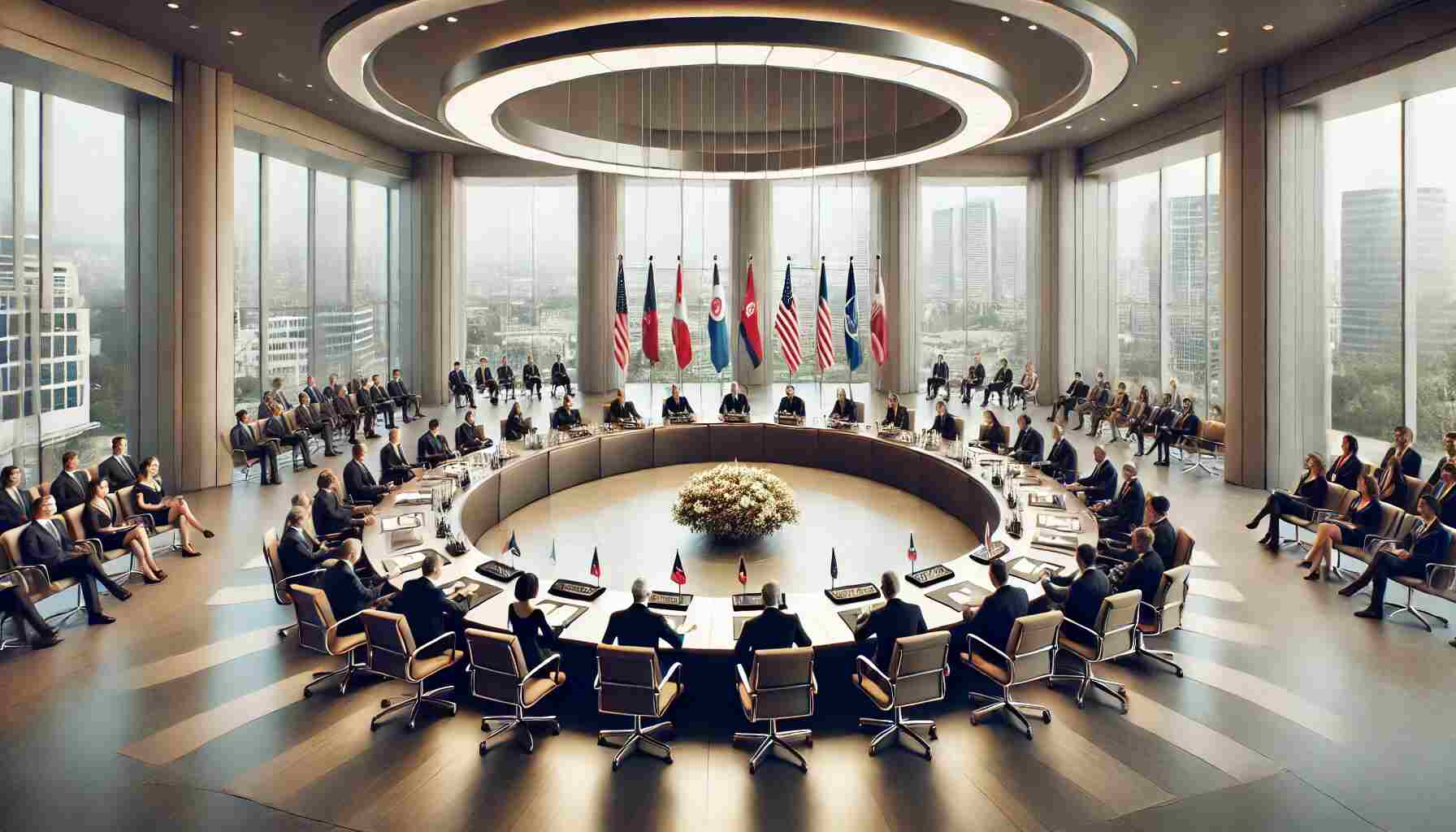 A realistic depiction of a confederal system meeting in a grand, modern conference room. Delegates from various regions or states sit around a circular table, engaging in discussions about policies and agreements. Flags representing each state or region are displayed on the table, while large windows in the background overlook an urban skyline. The atmosphere is professional and collaborative, emphasizing decentralized governance and inter-regional cooperation.