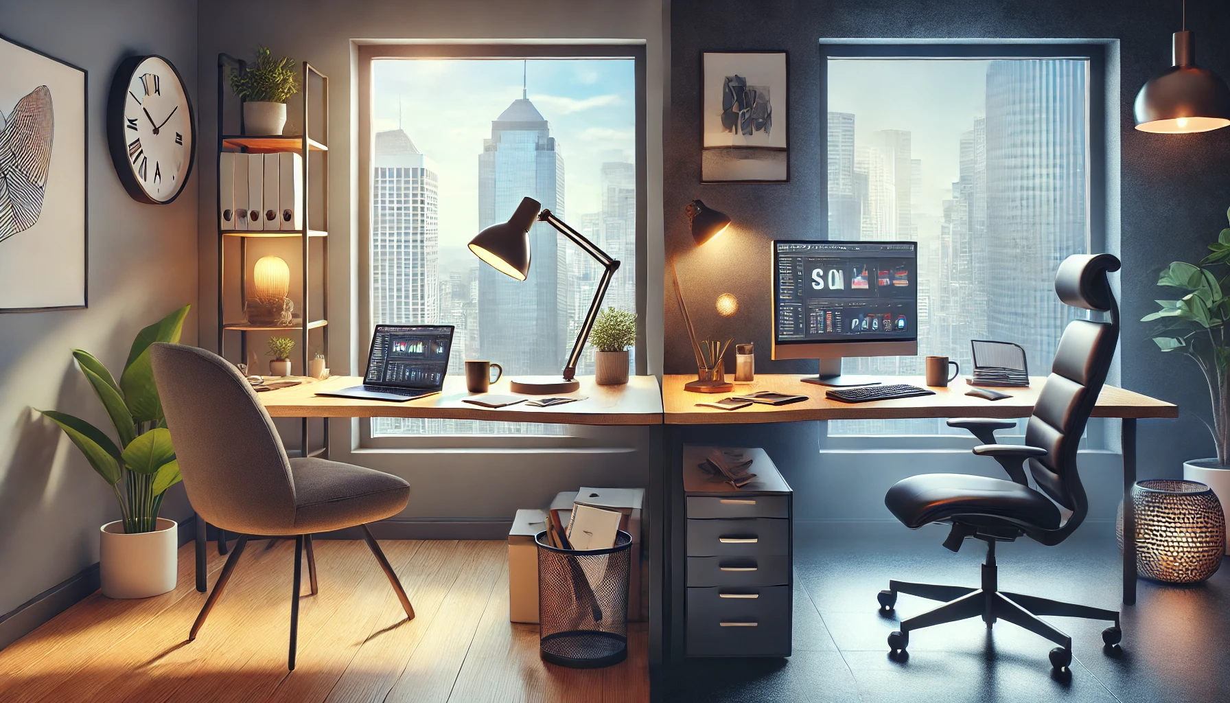 A photo-realistic image showcasing a dual workspace setup. On the left, a modern home office with a laptop, coffee mug, and cozy decor near a large window with natural light, symbolizing freelancing. On the right, a corporate office desk with a desktop computer, ergonomic chair, and organized workspace in a professional setting. The contrasting environments highlight the differences between freelancing and on-site work styles.