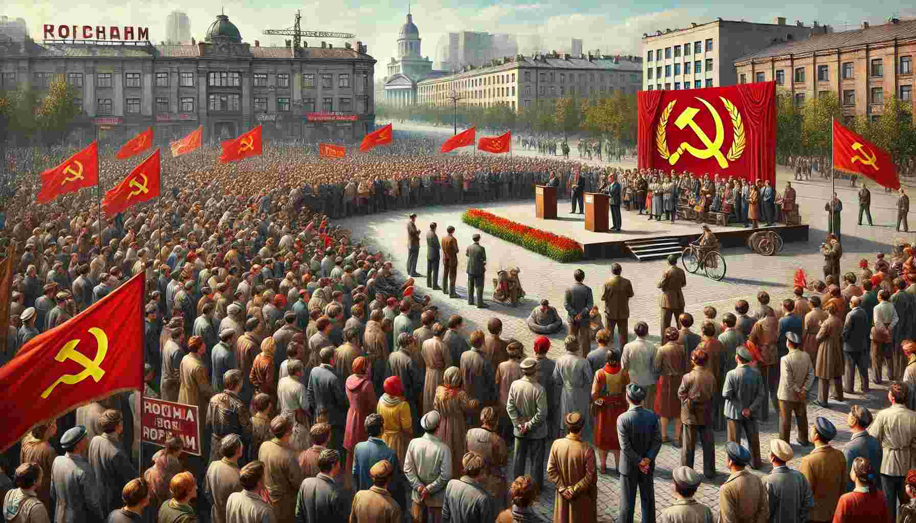 A realistic depiction of a communist society meeting in a large public square. People from diverse backgrounds gather around a speaker addressing the crowd, with red flags featuring communist symbols like the hammer and sickle prominently displayed. Banners promoting equality and unity add to the sense of collective action and solidarity, set against a backdrop of modest urban buildings reflecting a utilitarian style.