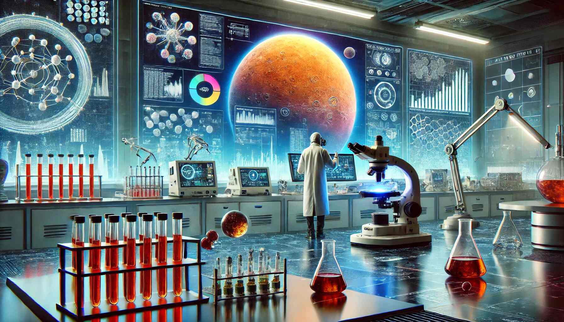 A realistic image of astrobiology research featuring a scientist working in a high-tech laboratory. The scientist analyzes samples from a simulated Martian environment using advanced instruments. Behind them, a large screen displays a 3D model of an exoplanet with data visualizations and chemical markers. The laboratory is equipped with a microscope, robotic arm, and futuristic scientific tools, symbolizing the interdisciplinary study of life in the universe.