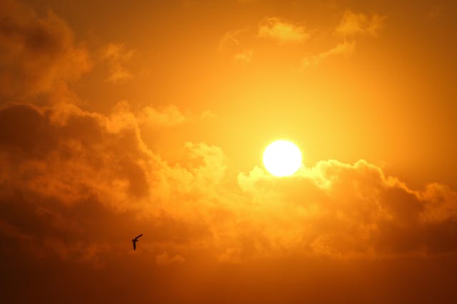 Bright golden Sun shining through orange clouds in a dramatic sky, symbolizing the Sun's power and significance in our solar system.