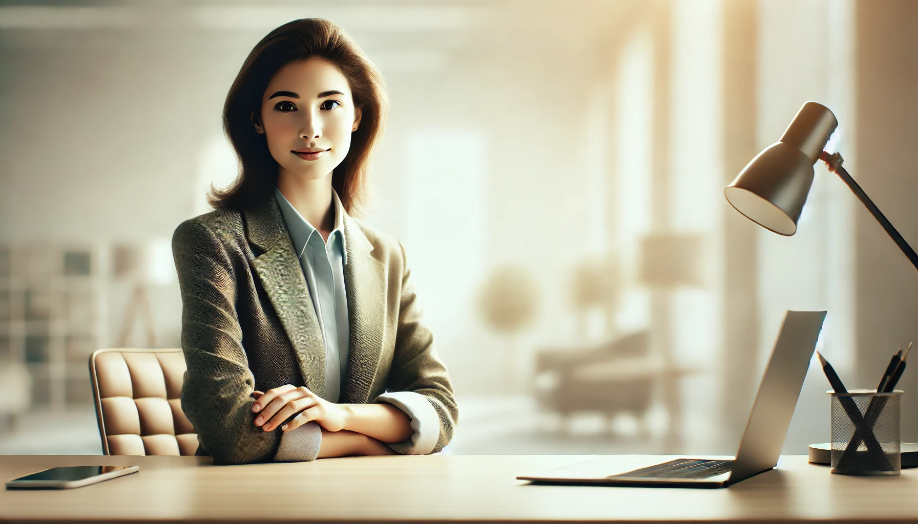 A professional image of a confident individual seated at a desk in a minimalist office setting, exuding calmness and approachability, symbolizing emotional intelligence traits like self-awareness and focus.